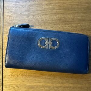 Salvatore Ferragamo Navy Leather Zip Wallet